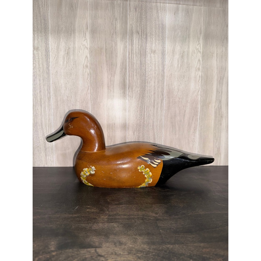Vintage Hand Painted Wooden Duck Decoy Rustic Cabin Decor Brown Waterfowl Figure